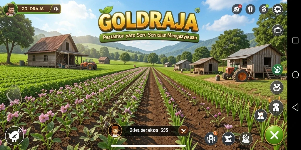 Tangkapan layar gameplay GOLDRAJA yang menunjukkan kebun yang subur dan hewan ternak.