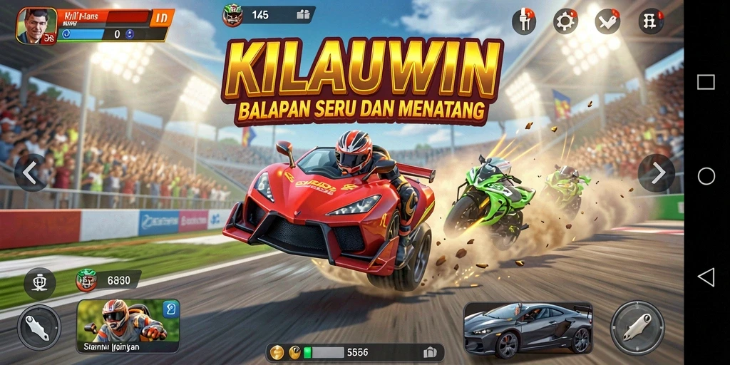 Screenshot gameplay KILAUWIN menampilkan aksi balapan yang mendebarkan.
