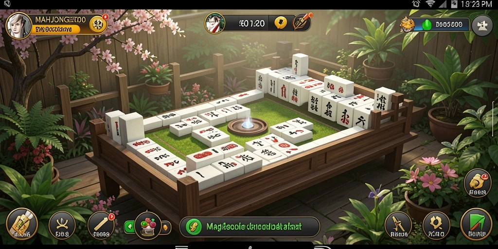 Screenshot gameplay MAHJONG500 menunjukkan lahan pertanian yang indah dan teratur.