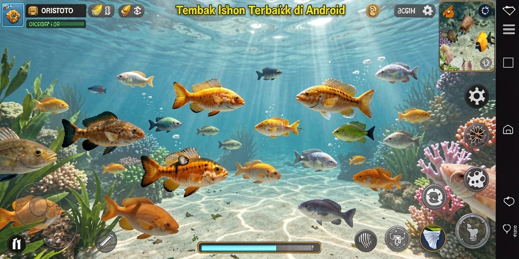 Screenshot gameplay ORISTOTO dengan aksi menembak ikan.
