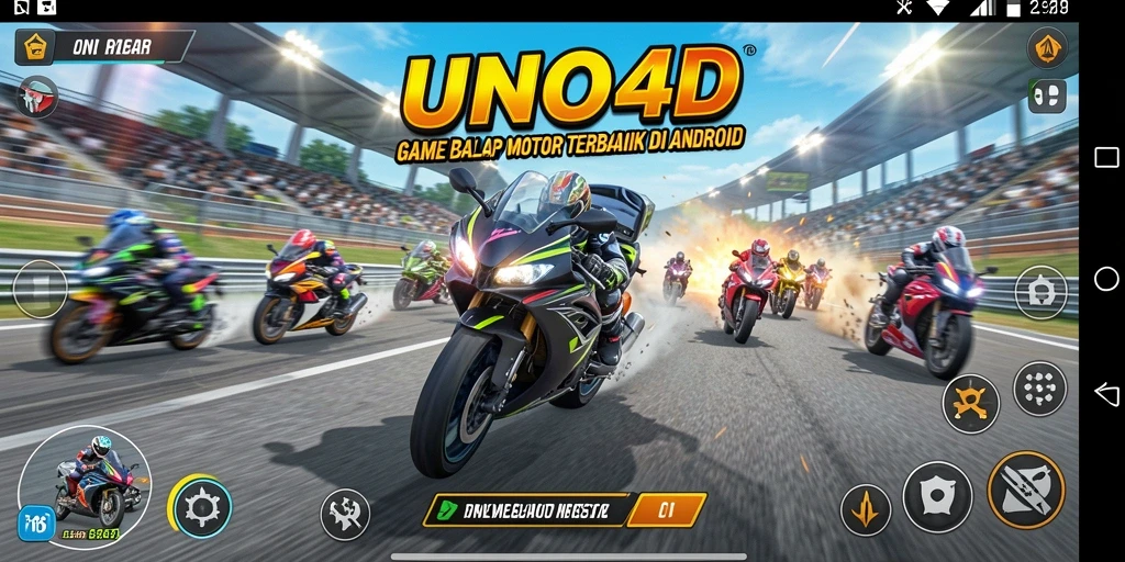 Gameplay seru UNO4D saat balapan motor di lintasan.