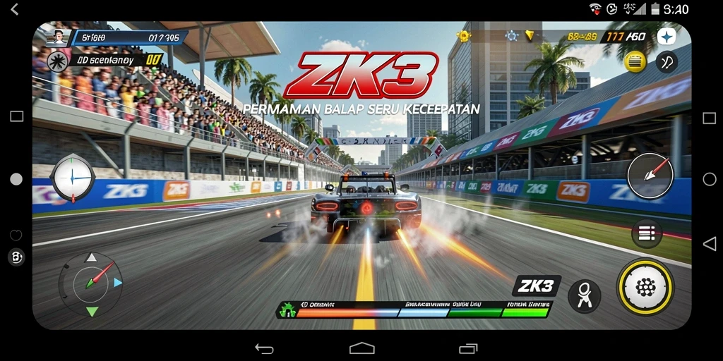 Screenshot ZK3 menampilkan aksi balap yang mendebarkan di lintasan.